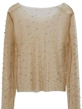 Gemstone Pearl & Rhinestone Embellished Sheer Mesh Long Sleeve Top - Size 1X
